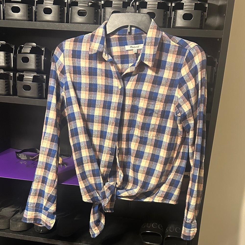 Madewell Blue and White Plaid Tie-Front Shirt